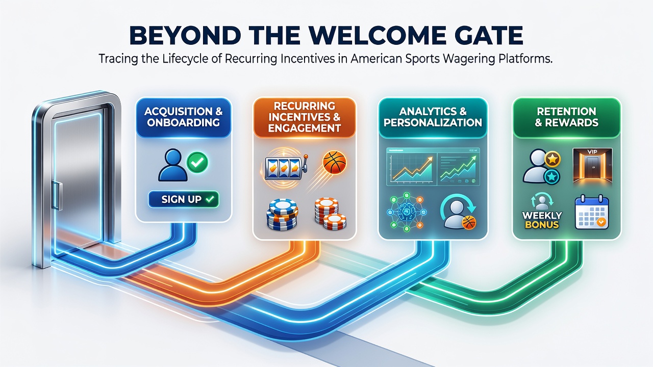 Lifecycle diagram showing progression from welcome bonuses to ongoing reload offers and loyalty rewards on US sportsbooks