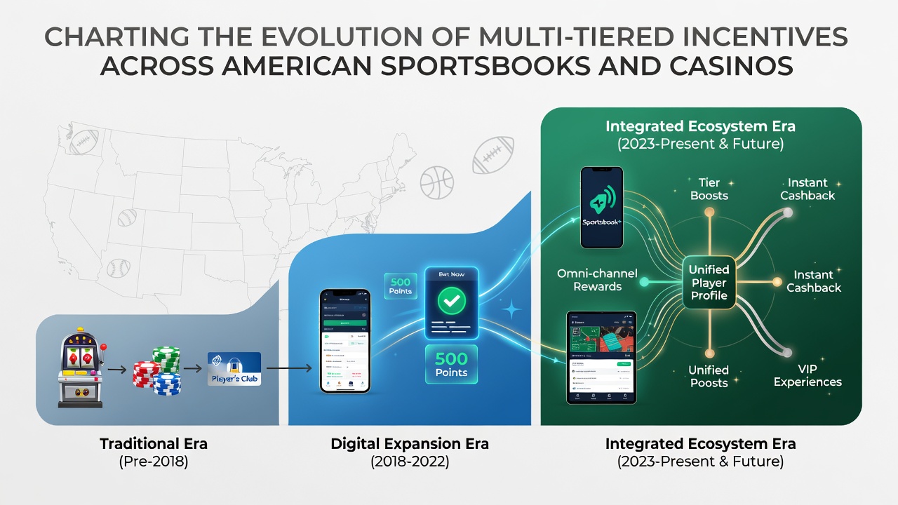 Historical timeline showing layered bonus structures at US sportsbooks and casinos