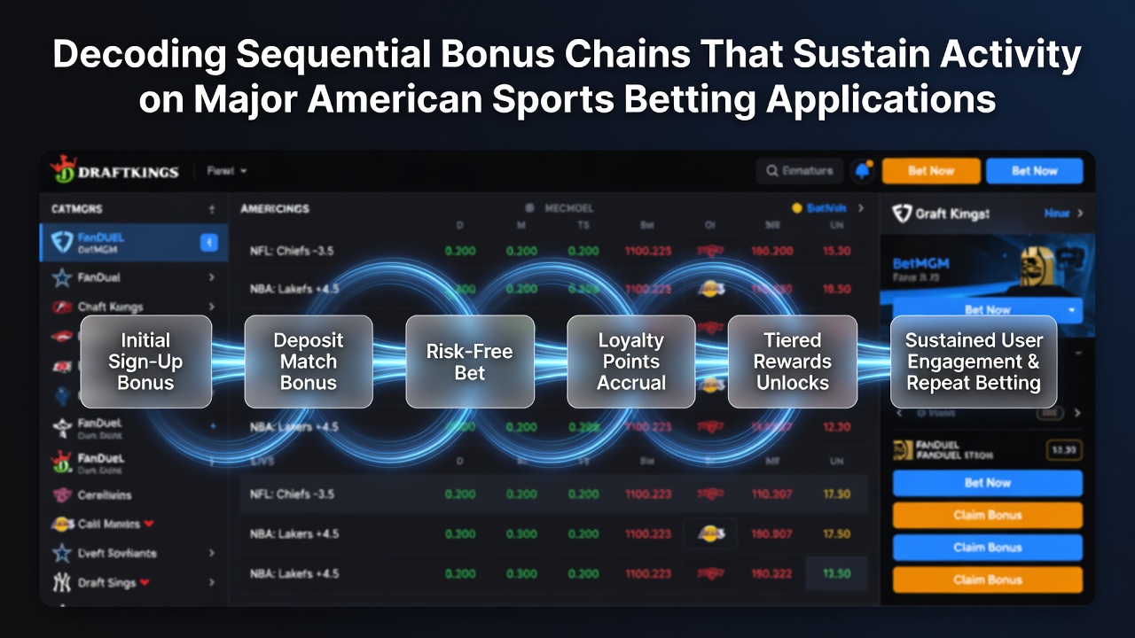 Diagram showing how sequential bonus chains progress through multiple deposit and free bet stages on US sports betting apps
