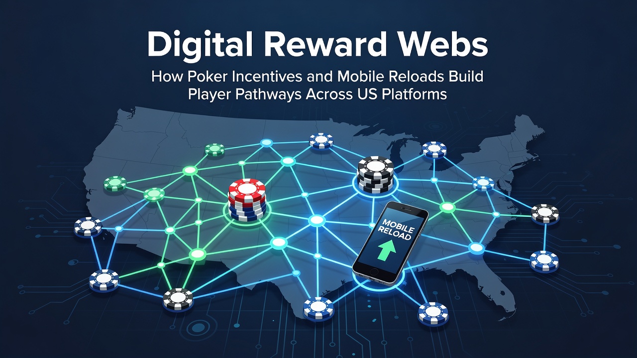 Illustration of interconnected digital reward pathways linking poker tables, mobile apps, and bonus structures on US betting platforms