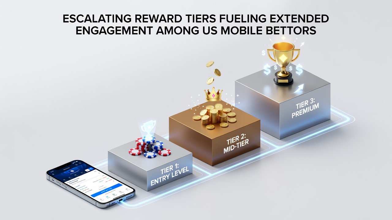 US mobile betting app interface showing progressive loyalty tiers and reward progress bars