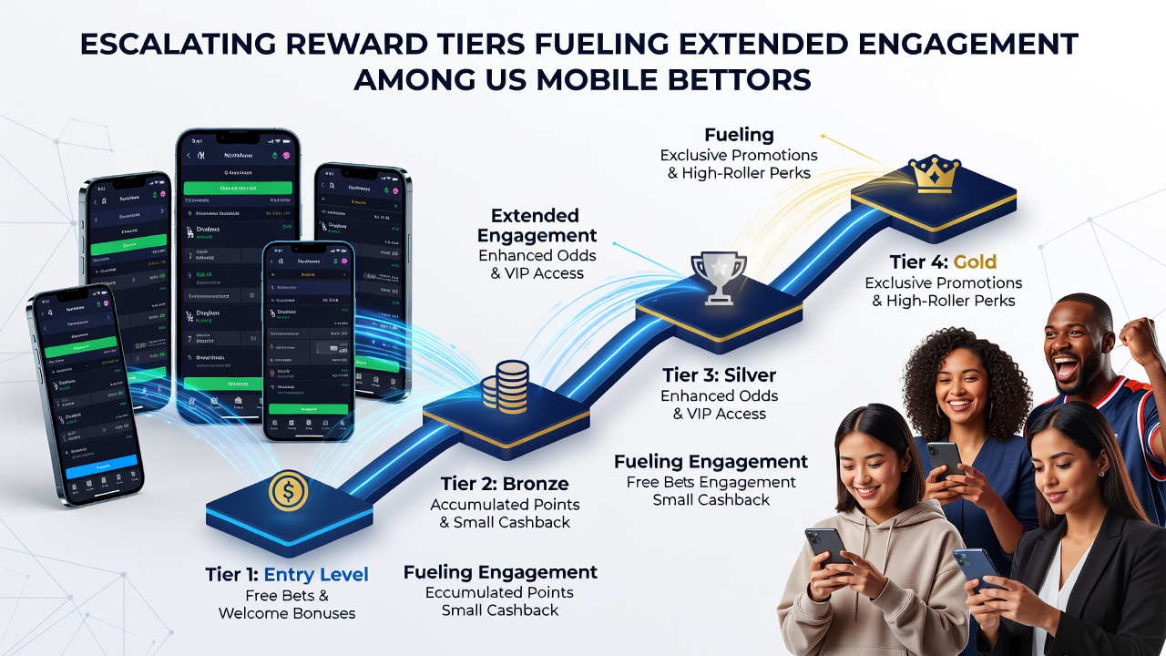 Mobile device displaying escalating reward tier dashboard with progress indicators and bonus unlocks