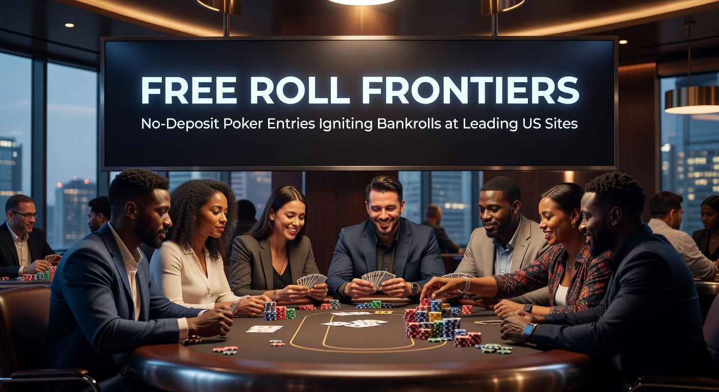 Players competing in an online poker freeroll tournament on a US-regulated site, with tournament lobby visible showing prize pools and entrant counts