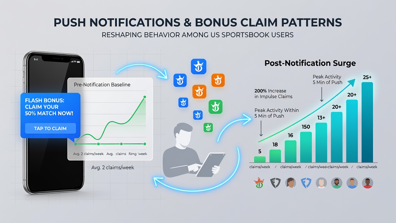 Analytics dashboard on a tablet showing push notification open rates and bonus claim conversion metrics for US sportsbook users