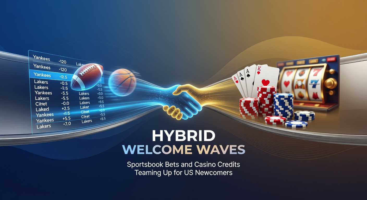 Vibrant digital graphic showing intertwined sportsbook odds and casino slot reels, symbolizing hybrid welcome promotions for US players