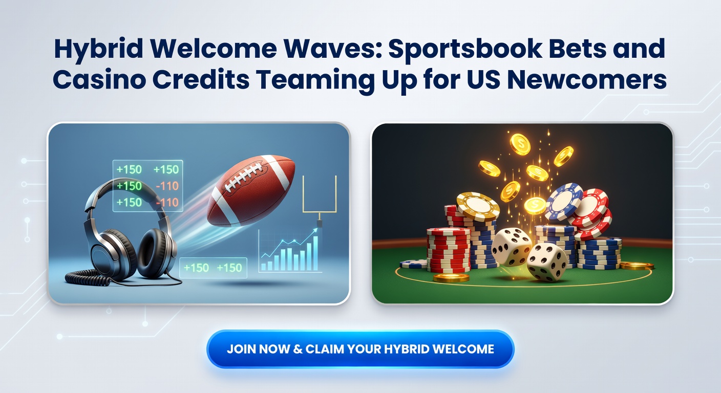 Screenshot of a mobile app displaying a hybrid welcome bonus offer, featuring sportsbook matchups and casino free credits side by side
