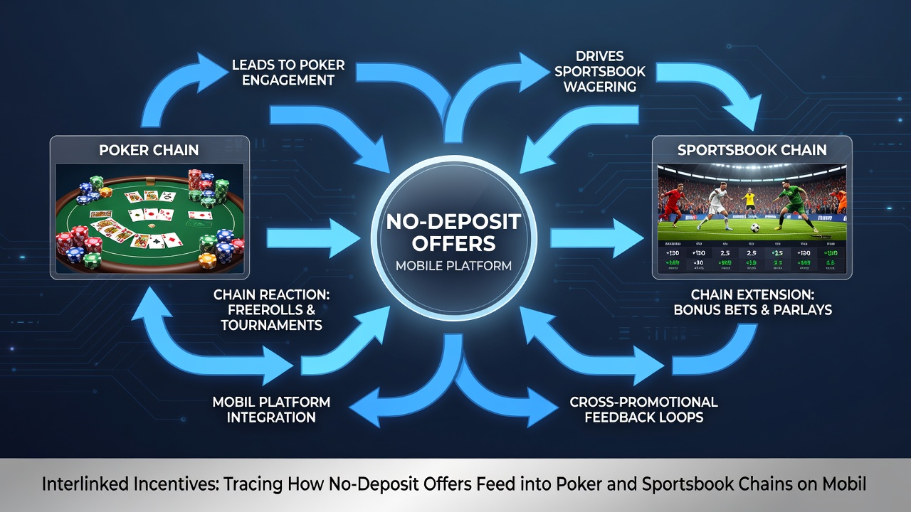 Flowchart illustration of bonus progression from no-deposit offers to poker and sportsbook reload chains