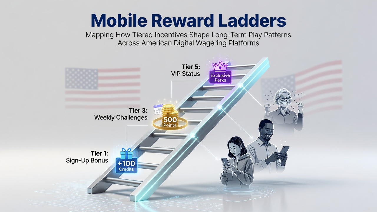 Mobile app interface displaying tiered reward ladder progression in a US digital wagering platform