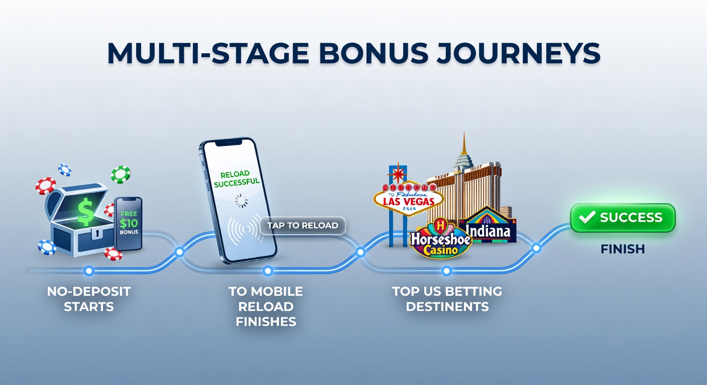 Illustration of a winding bonus path starting with a no-deposit signpost and ascending to mobile reload rewards at US betting landmarks
