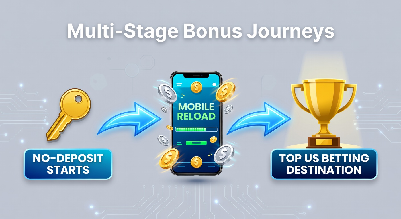 Graphic depicting a progression ladder from no-deposit free bets climbing through deposit matches to glowing mobile reload bonuses on a smartphone screen amid US sportsbook logos