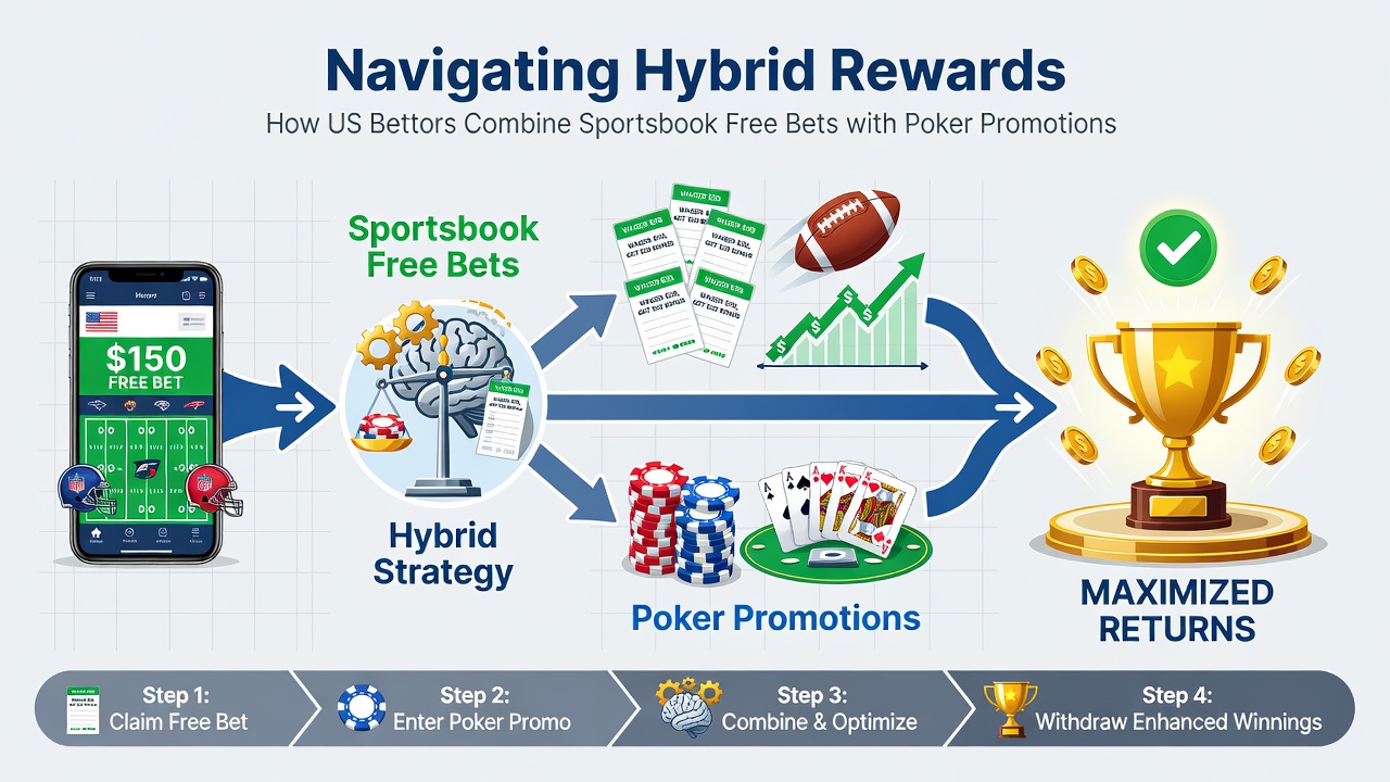 Split screen showing sportsbook free bet interface next to active poker tournament lobby