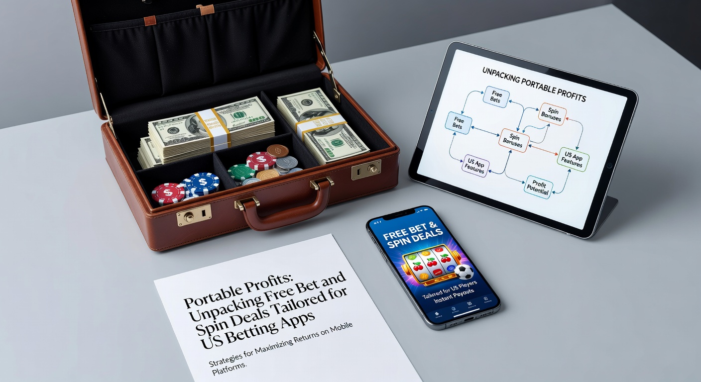 Smartphone displaying a US betting app with free bet promotions and spinning slot reels in the background, highlighting mobile-optimized gaming deals
