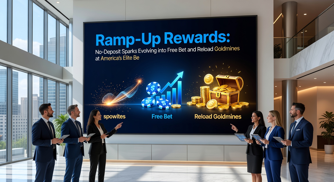 Illustration of a ladder climbing from a small spark to overflowing treasure chests of free bets and reload bonuses on a vibrant US sportsbook interface