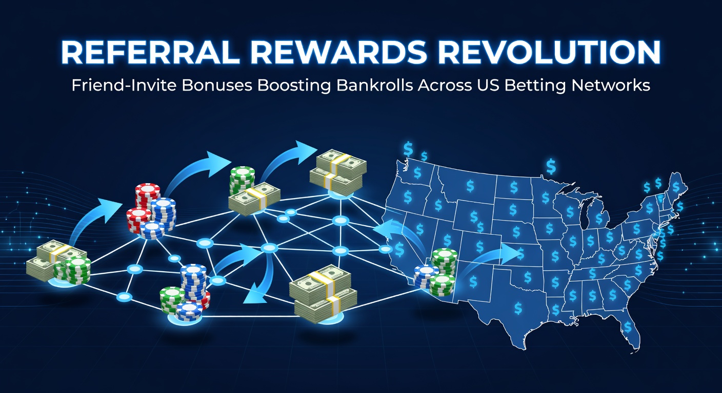 Graphic showing friends high-fiving over a shared sportsbook app screen with bonus notifications popping up, symbolizing referral rewards in action