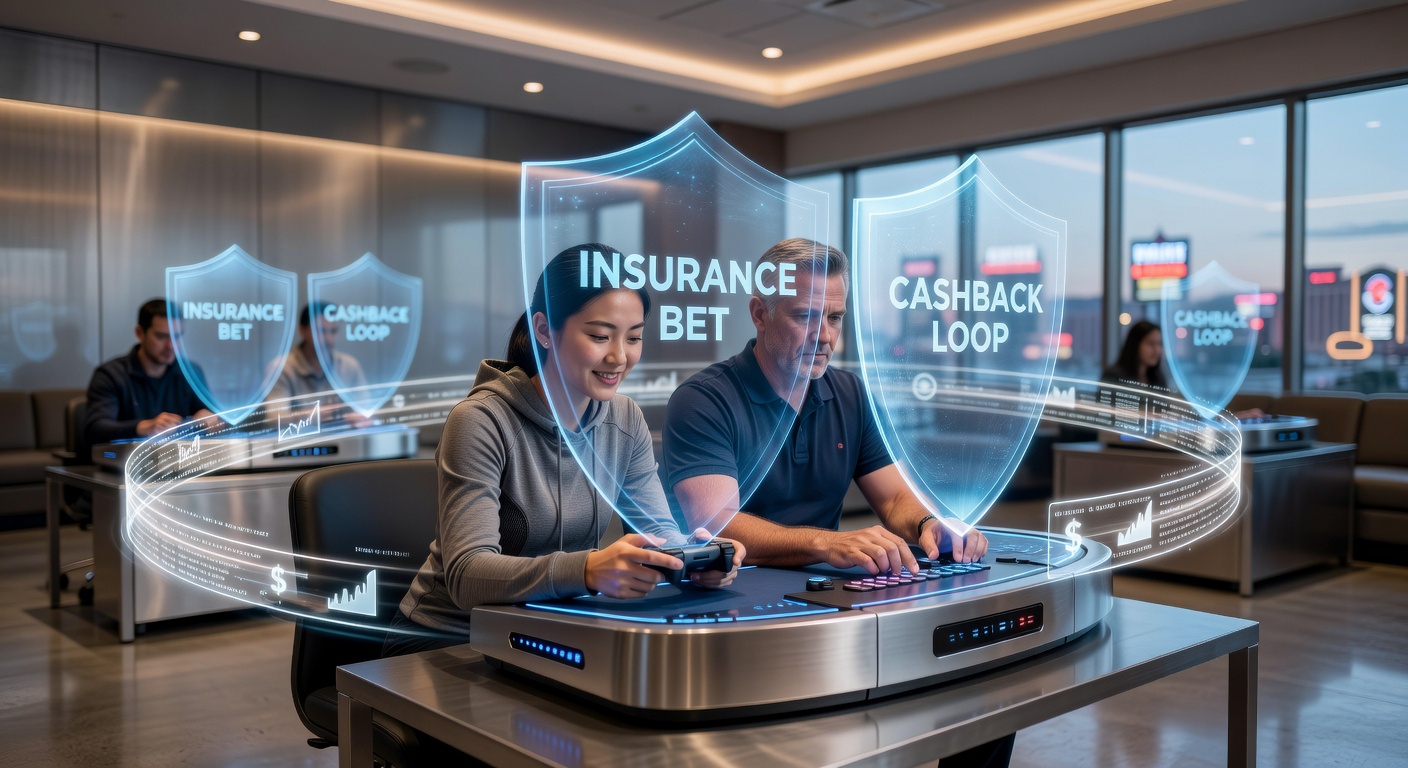 Digital graphic showing a shield protecting betting chips and cashback arrows looping back into a gaming platform interface, symbolizing player protection mechanisms on US sportsbooks