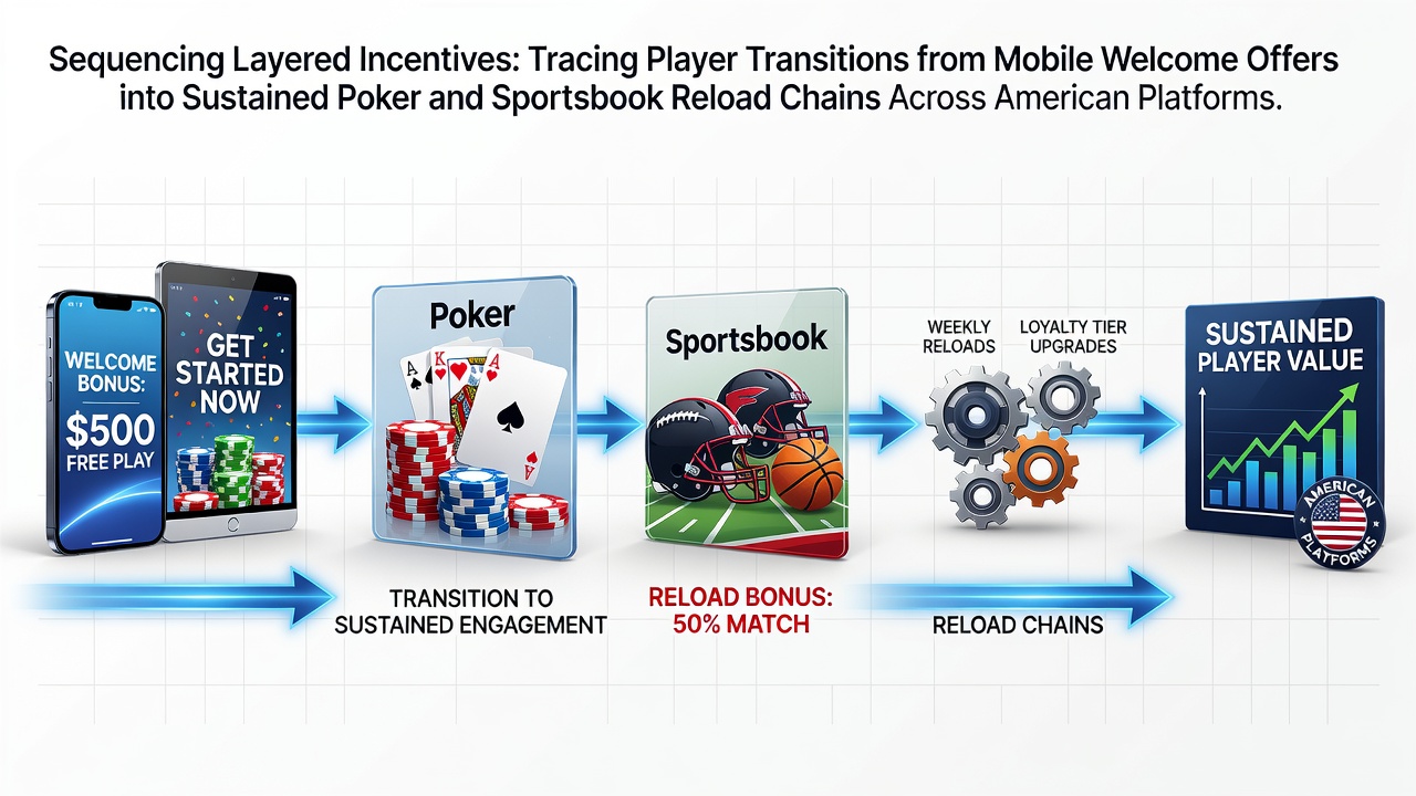Illustration of player journey from mobile welcome offers into layered reload incentives on US poker and sportsbook platforms