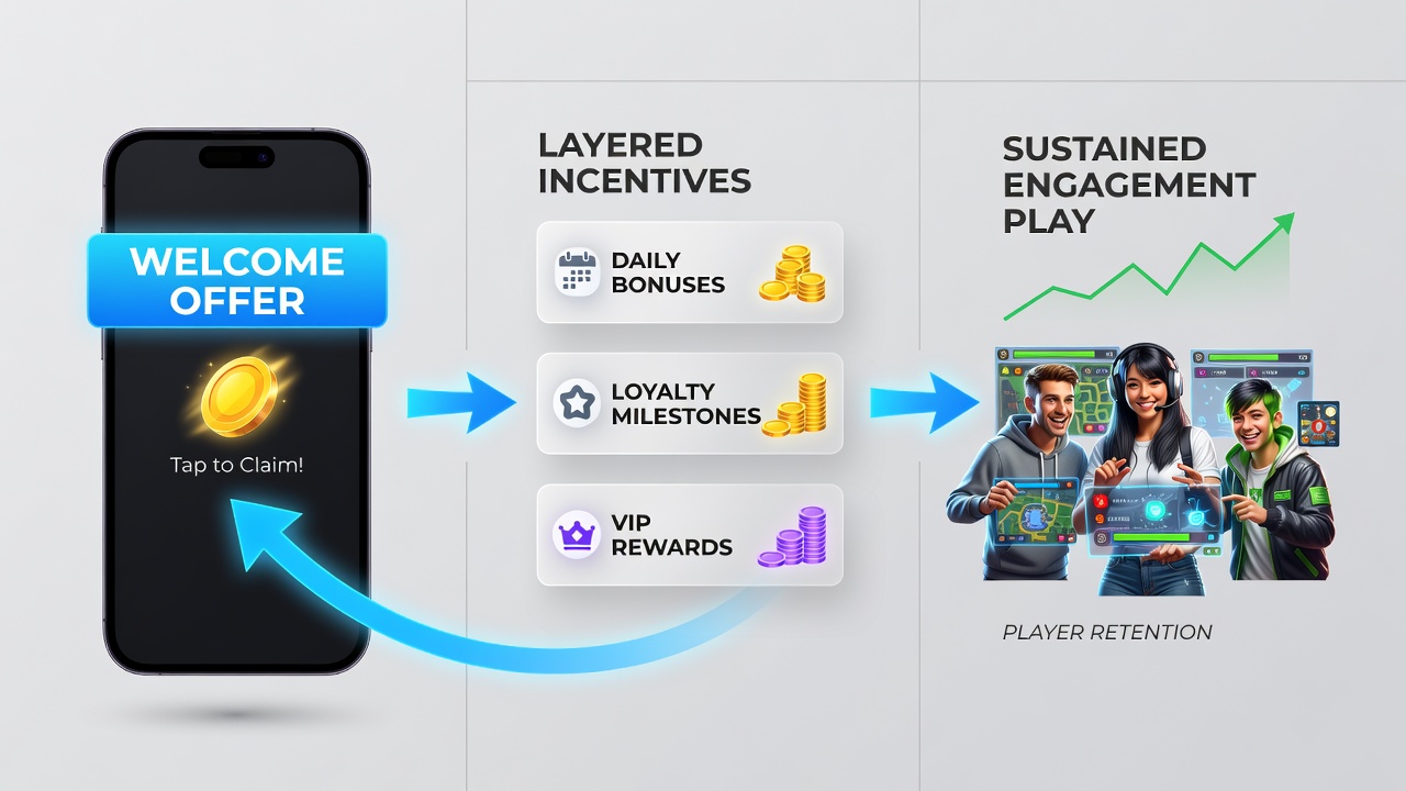 Diagram showing layered reload chains connecting mobile welcome offers to ongoing poker and sportsbook activity on American platforms