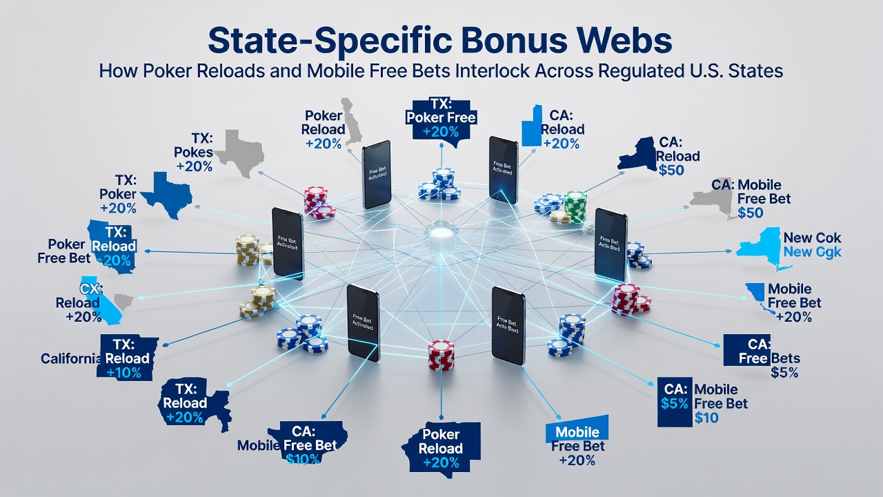 Mobile app interface displaying poker reload bonus converting into free bet credits across state lines