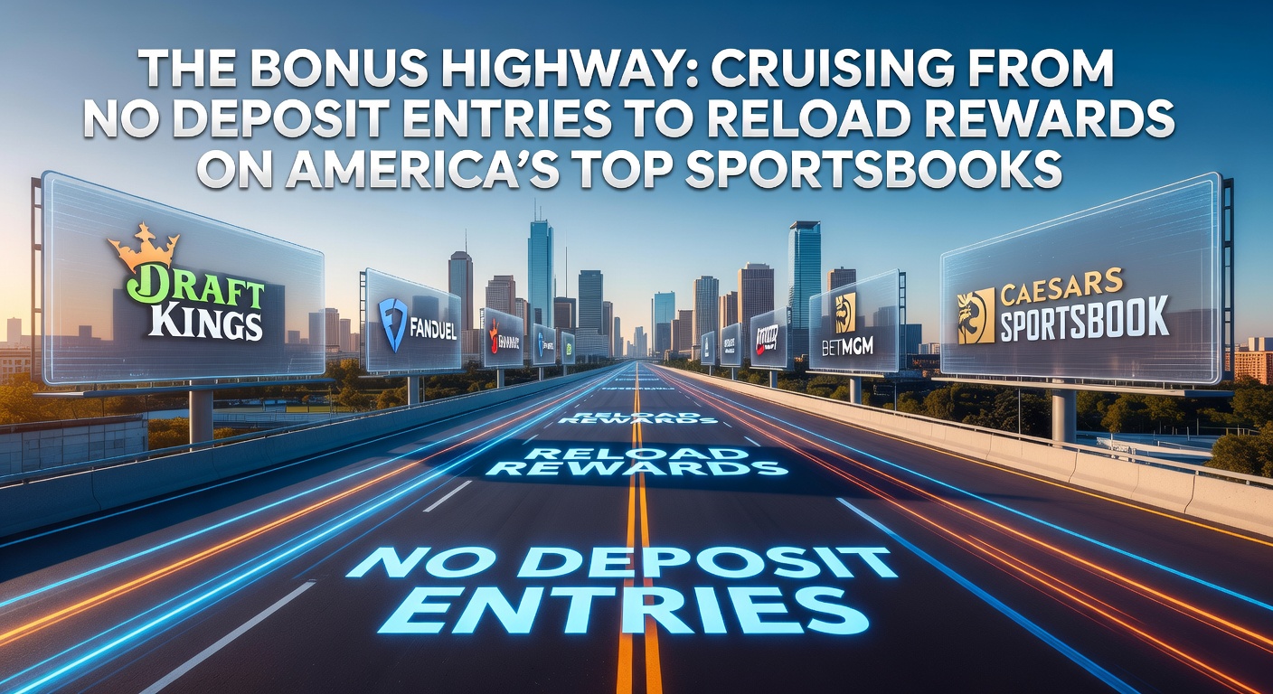 Highway sign pointing to no-deposit bonuses and reload rewards on US sportsbooks, symbolizing the progression of player promotions