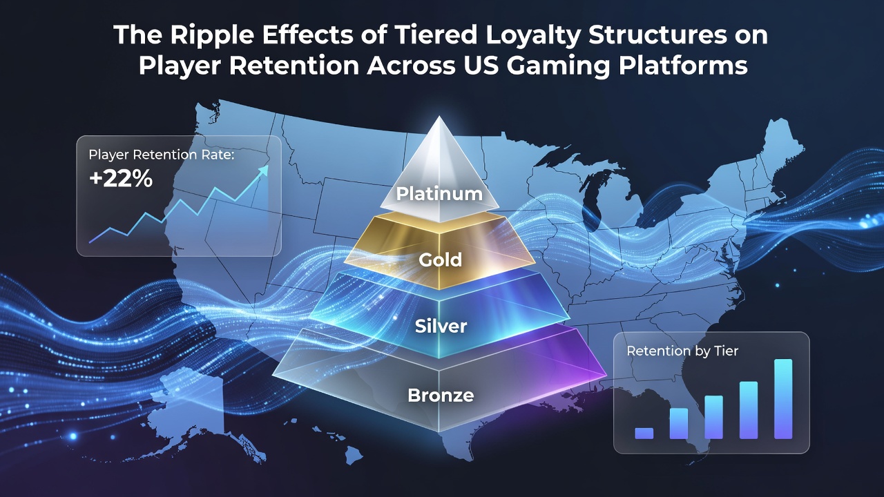 Tiered loyalty program dashboard on a US gaming platform showing bronze silver gold and platinum levels with reward progress bars