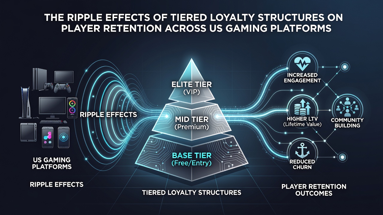 US gaming app interface displaying loyalty tier benefits and player retention statistics for June 2026