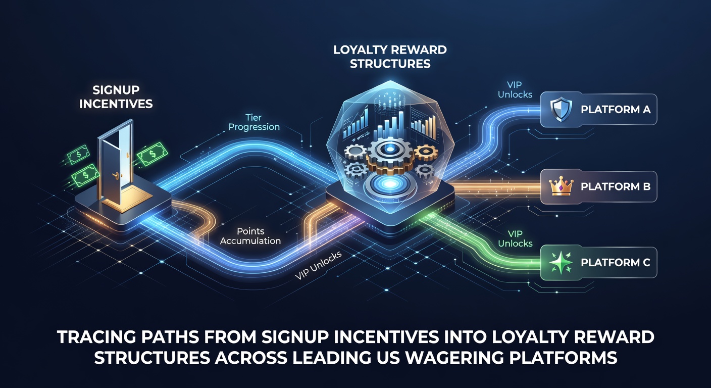 Infographic showing the progression from signup bonuses to tiered loyalty rewards on US wagering platforms