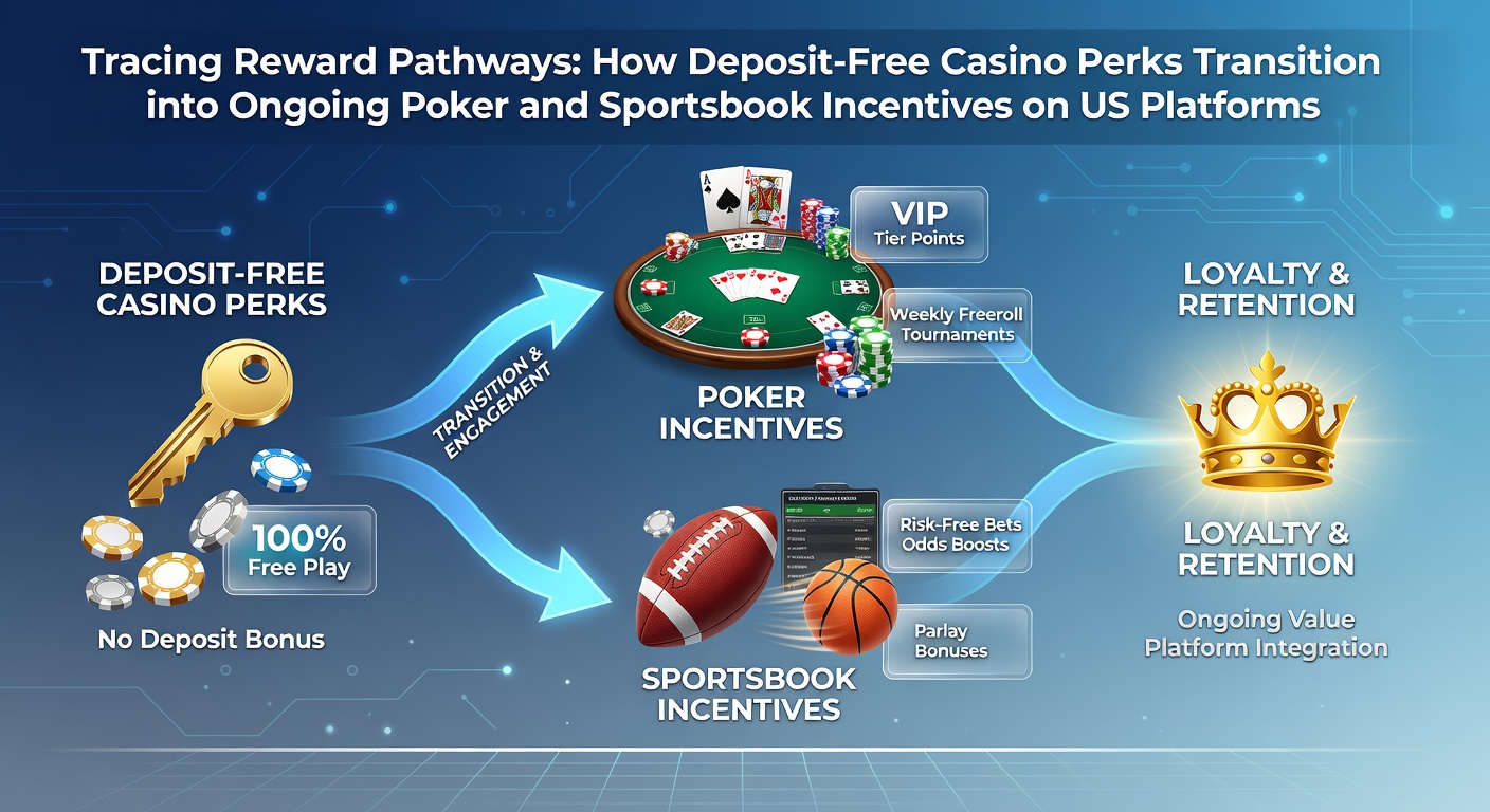 Illustration of reward pathways showing no-deposit casino bonuses leading into poker and sportsbook incentives on US platforms