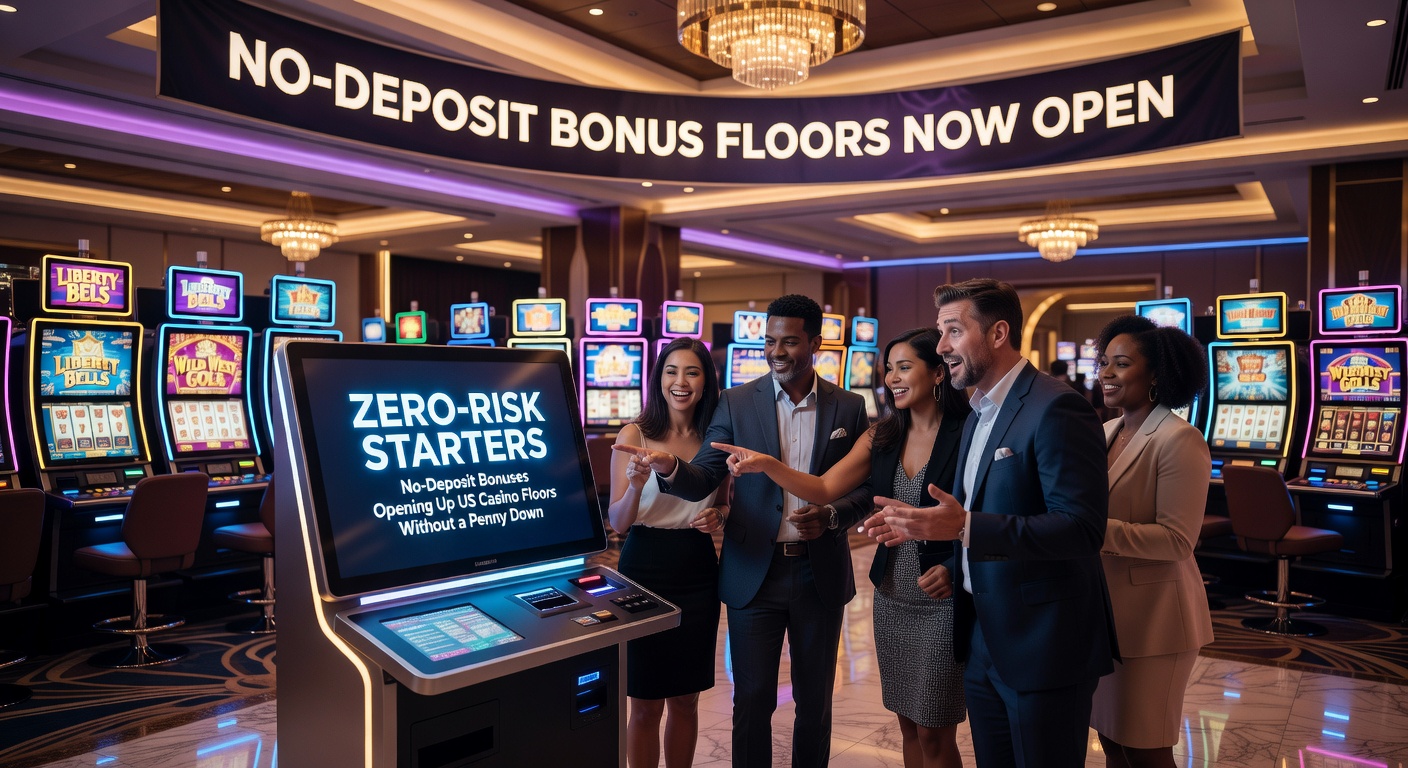 Vibrant digital casino interface showing free spins and bonus chips on a no-deposit offer screen, highlighting zero-risk entry for new players