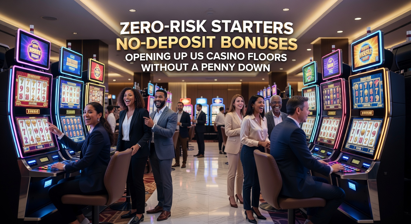 Close-up of a mobile phone displaying a US online casino app with a prominent no-deposit bonus claim button, surrounded by slot reels and jackpot counters